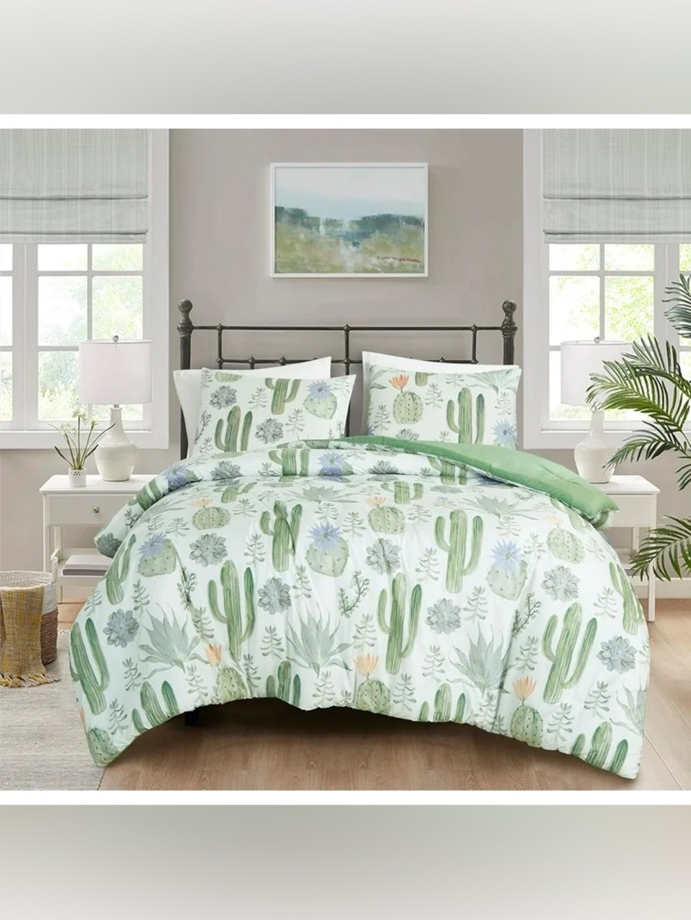Cactus Print Green Reversible California king 3 piece Comforter Set